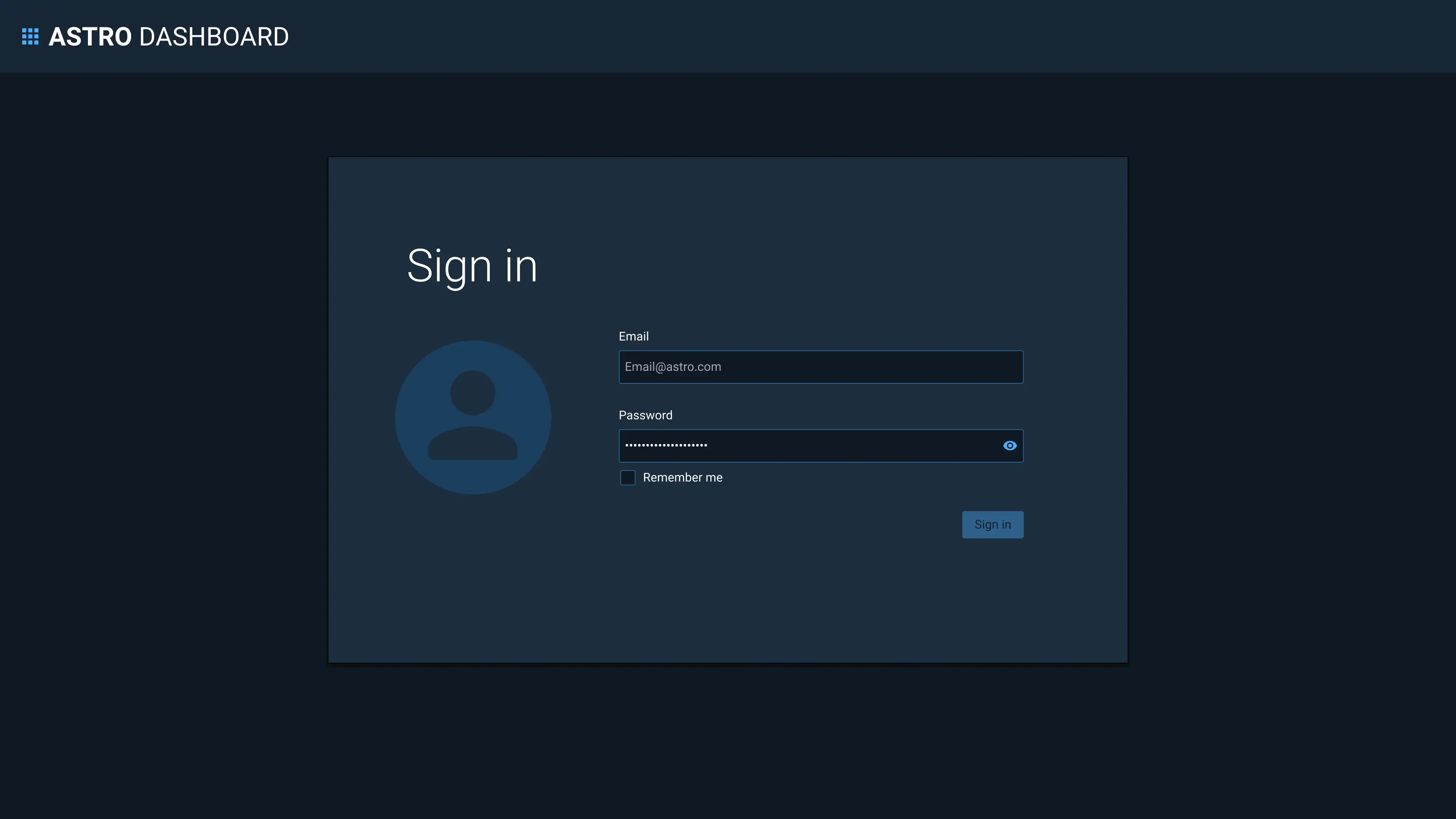 Example of a full-page, Simple Sign In screen